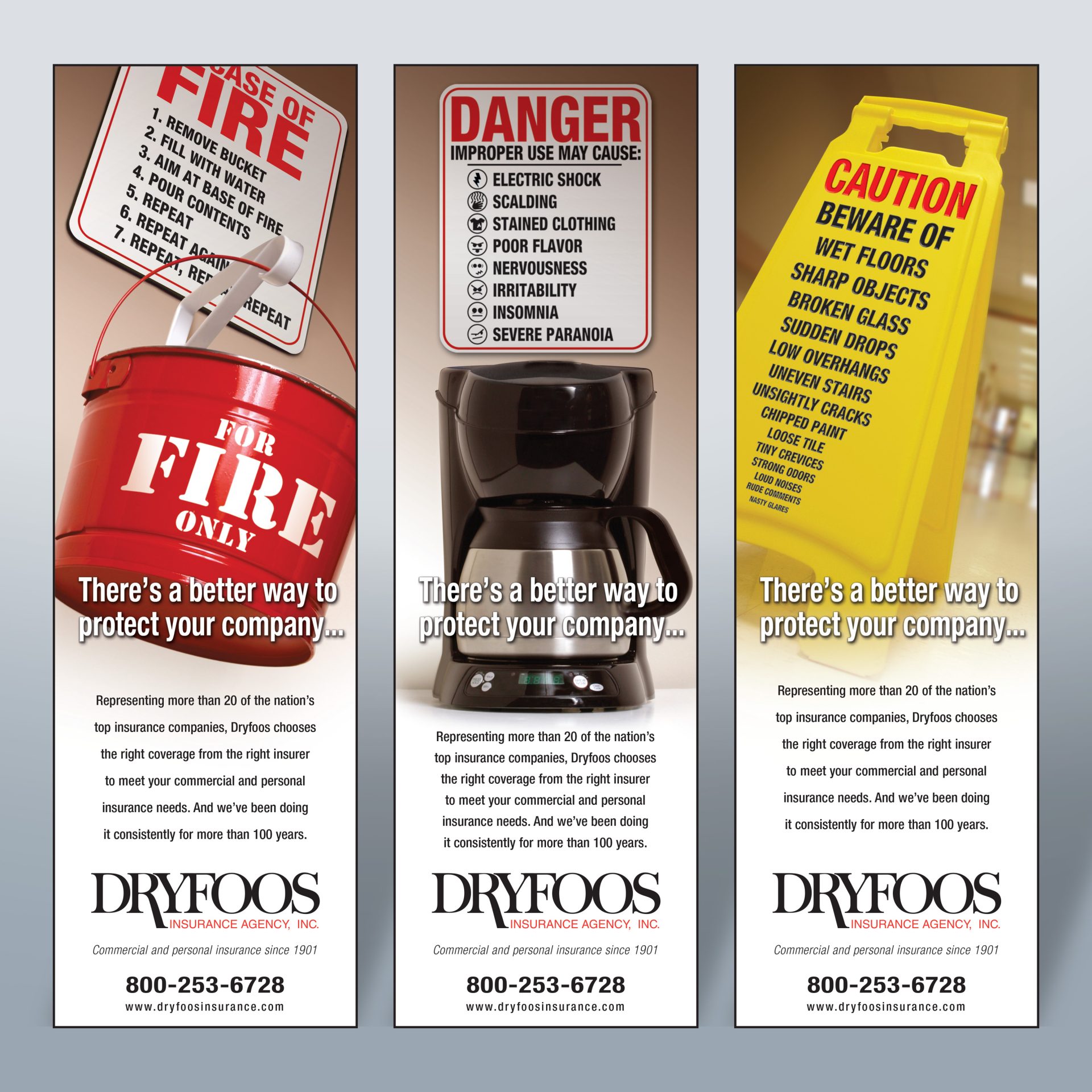 A series of three newspaper ads for Dryfoos Insurance Co.